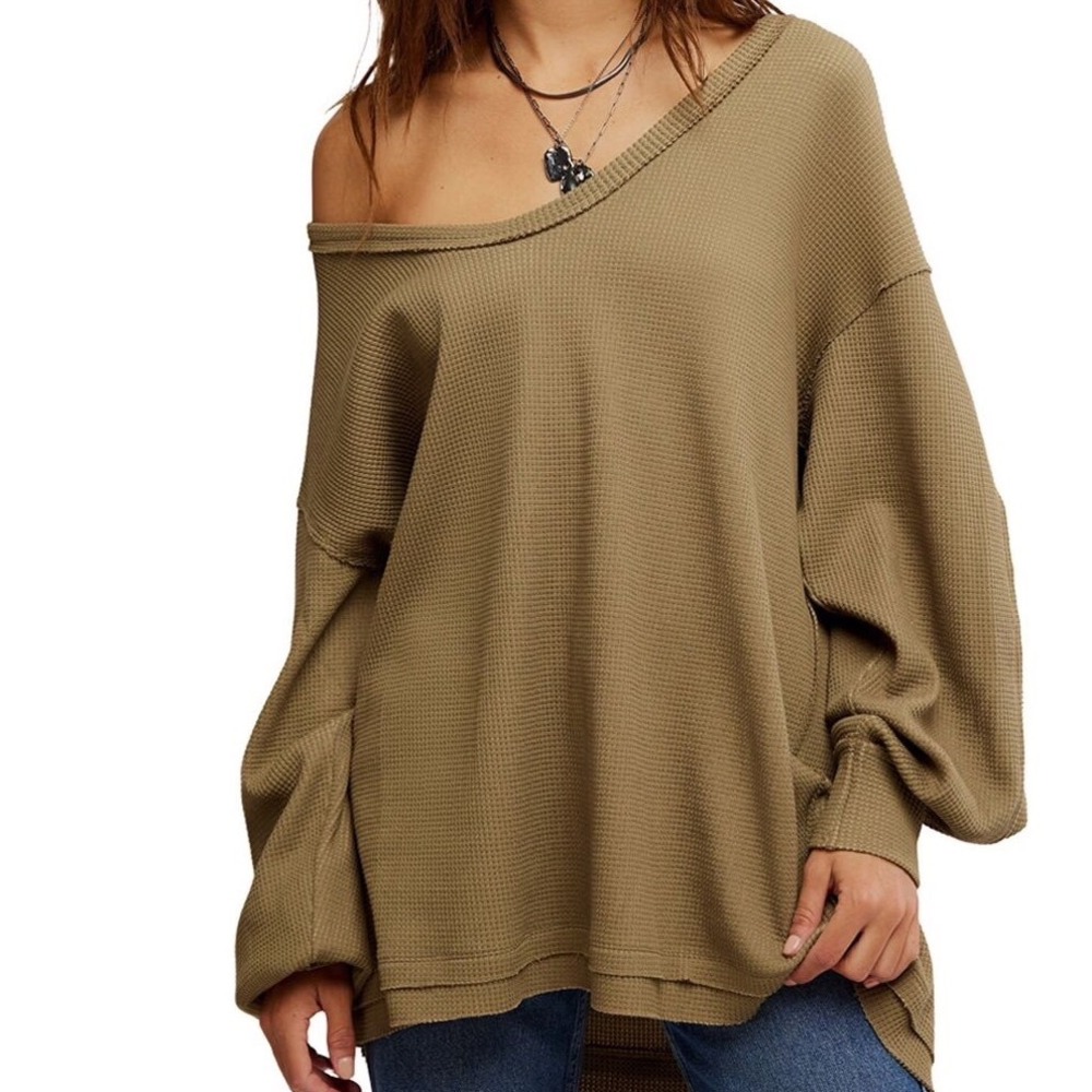 Free People Coast 2 Coast Thermal Top Gothic Olive Cross Dye Small Oversized NWT